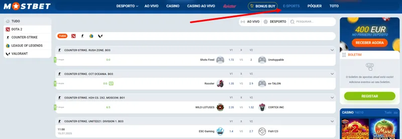 Cybersport no site da casa de apostas MostBet