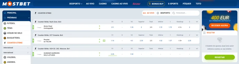 Fazer uma aposta em eSports no modo ao vivo