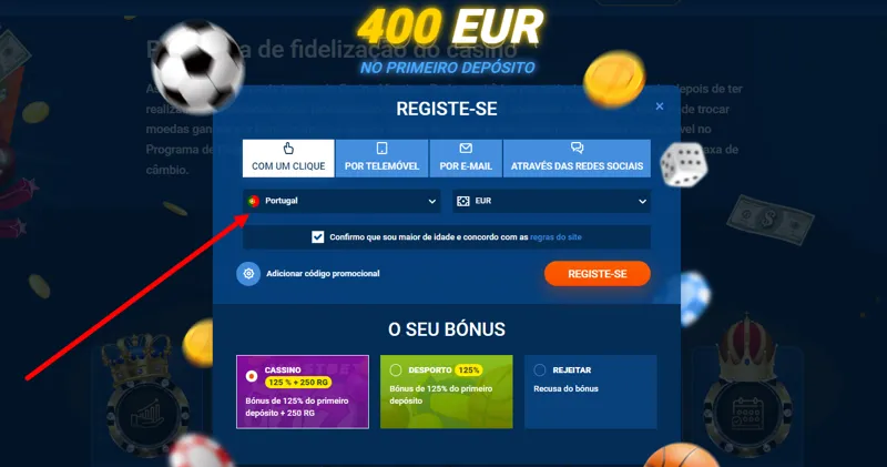 Formulário de registo para novos clientes do casino MostBet