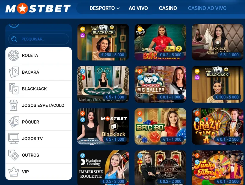 Variedade de jogos no casino ao vivo MostBet