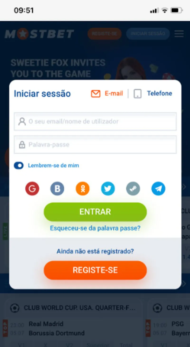 Faça login na sua conta pessoal através da versão móvel do site MostBet