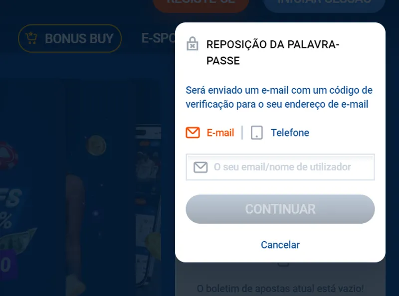 Formulário de recuperação de palavra-passe para a sua conta pessoal MostBet