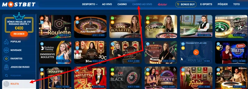 Opções de jogo de roleta no casino ao vivo MostBet
