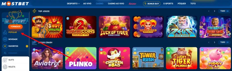 Secção de slots populares no casino MostBet