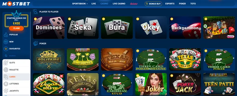 Jogos de cartas no casino online MostBet